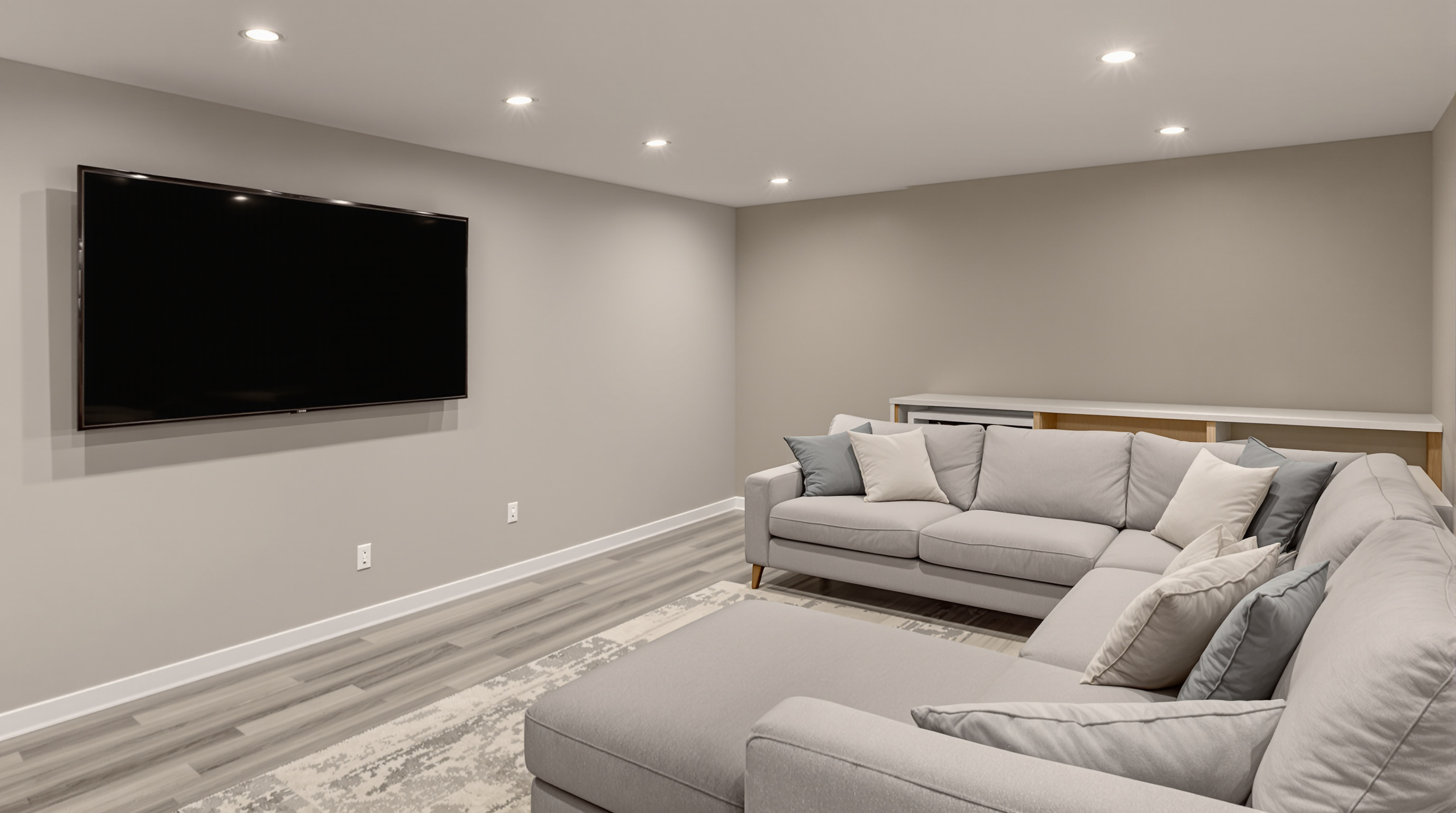 Finished basement family room with egress window and engineered flooring